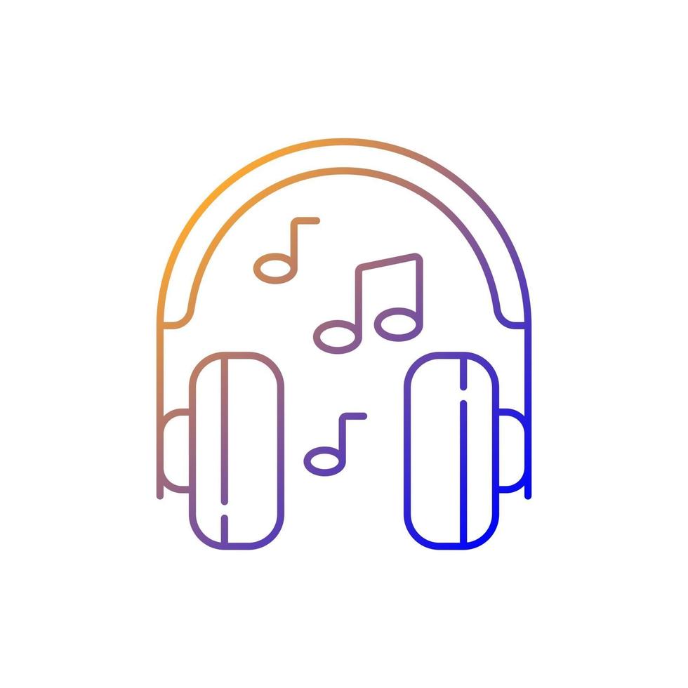 Listening to music gradient linear vector icon. Headphones with playing song. Hear audio in headset. Thin line color symbols. Modern style pictogram. Vector isolated outline drawing