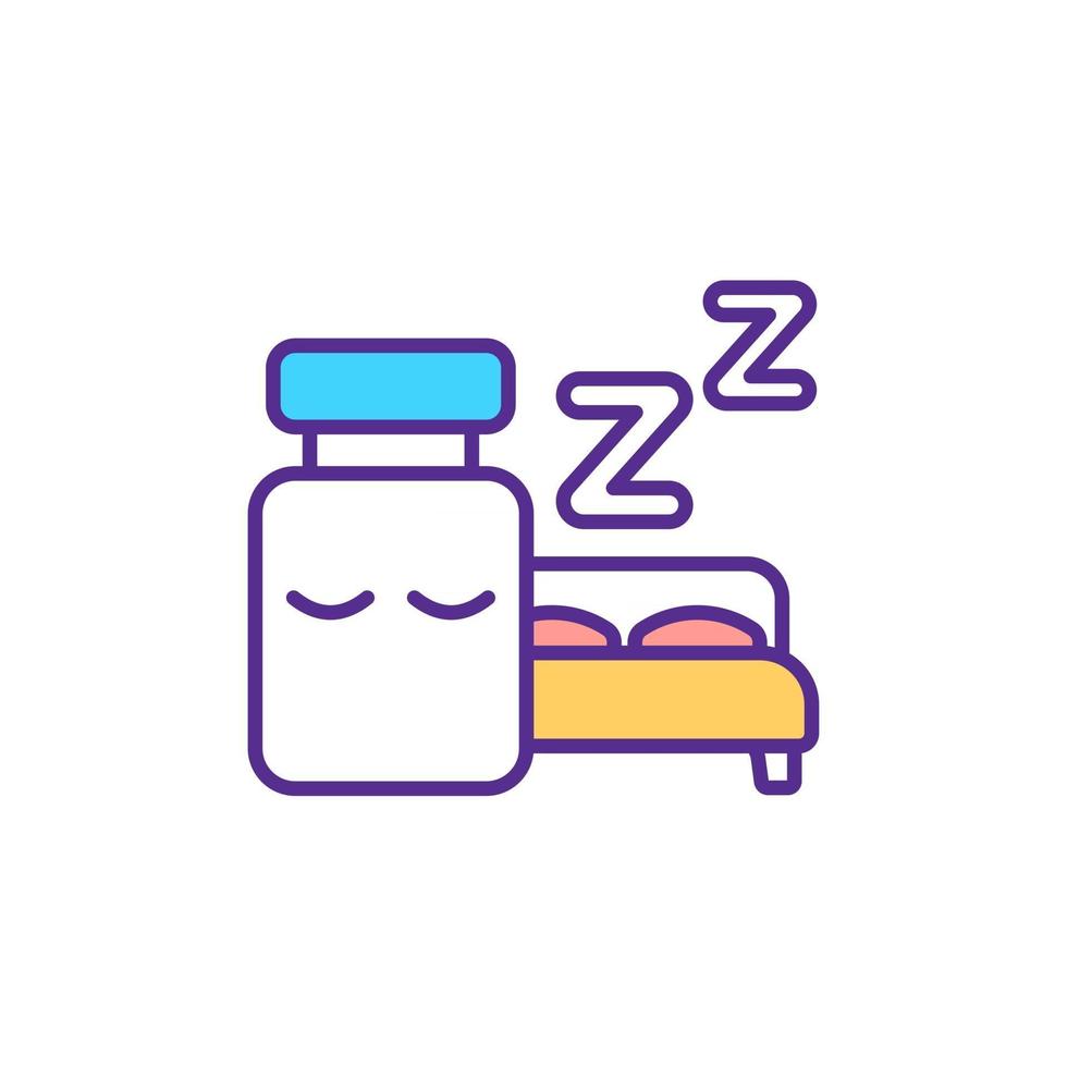 Pills for sleep disorder RGB color icon. Sleep-inducing medication. Isolated vector illustration. Daytime naps. Sleep-wake cycle control. Chronic insomnia treatment simple filled line drawing