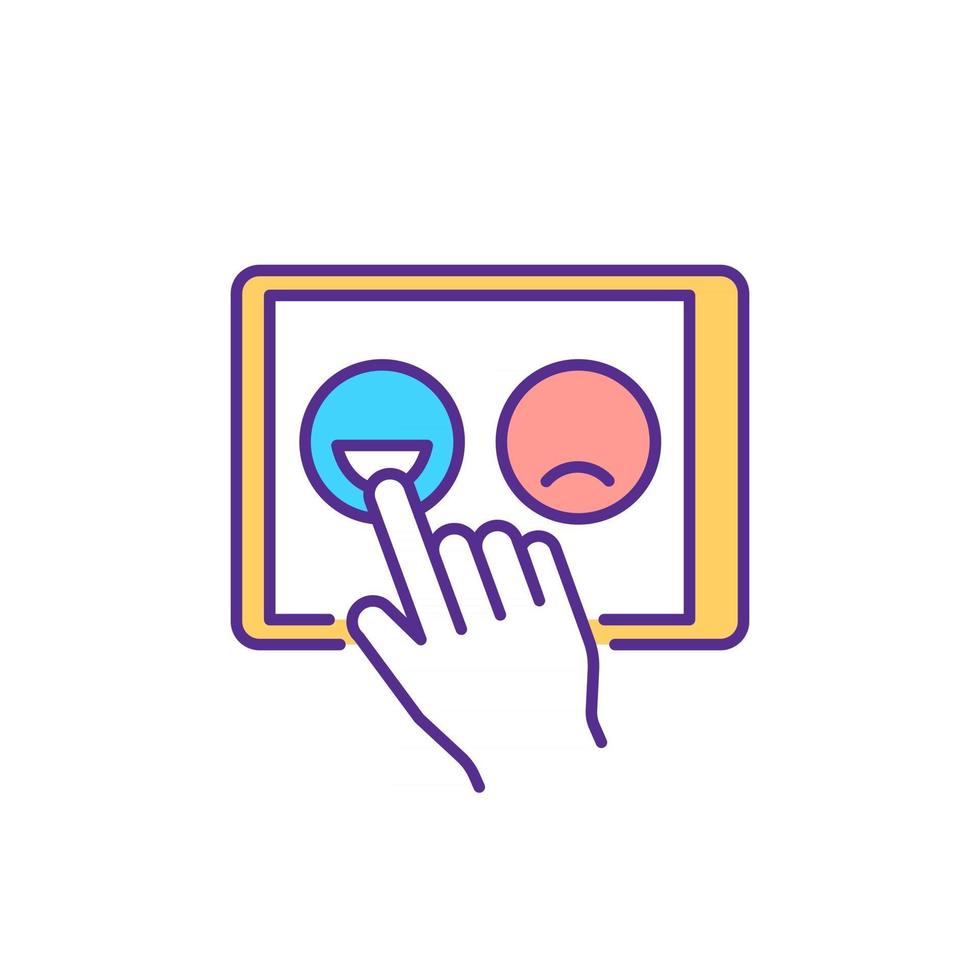 Teaching emotion recognition to kid with autism RGB color icon. Choosing correct facial expression. Isolated vector illustration. Emotional awareness lacking simple filled line drawing