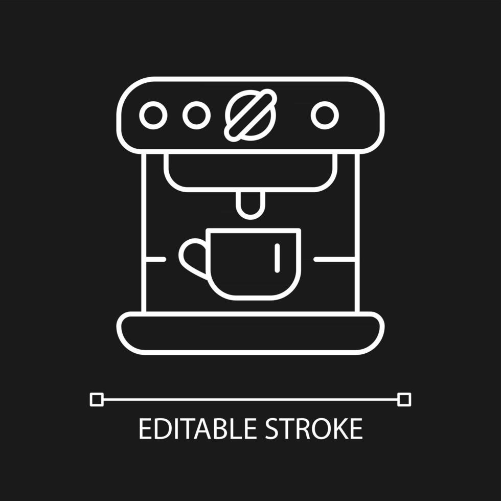 Espresso machine white linear icon for dark theme. Commercial appliance for cafe. Thin line customizable illustration. Isolated vector contour symbol for night mode. Editable stroke