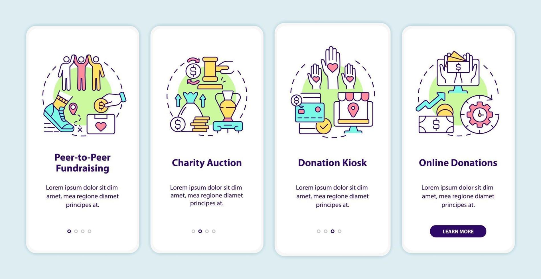 Fundraising events ideas onboarding mobile app page screen. Charity auction walkthrough 4 steps graphic instructions with concepts. UI, UX, GUI vector template with linear color illustrations