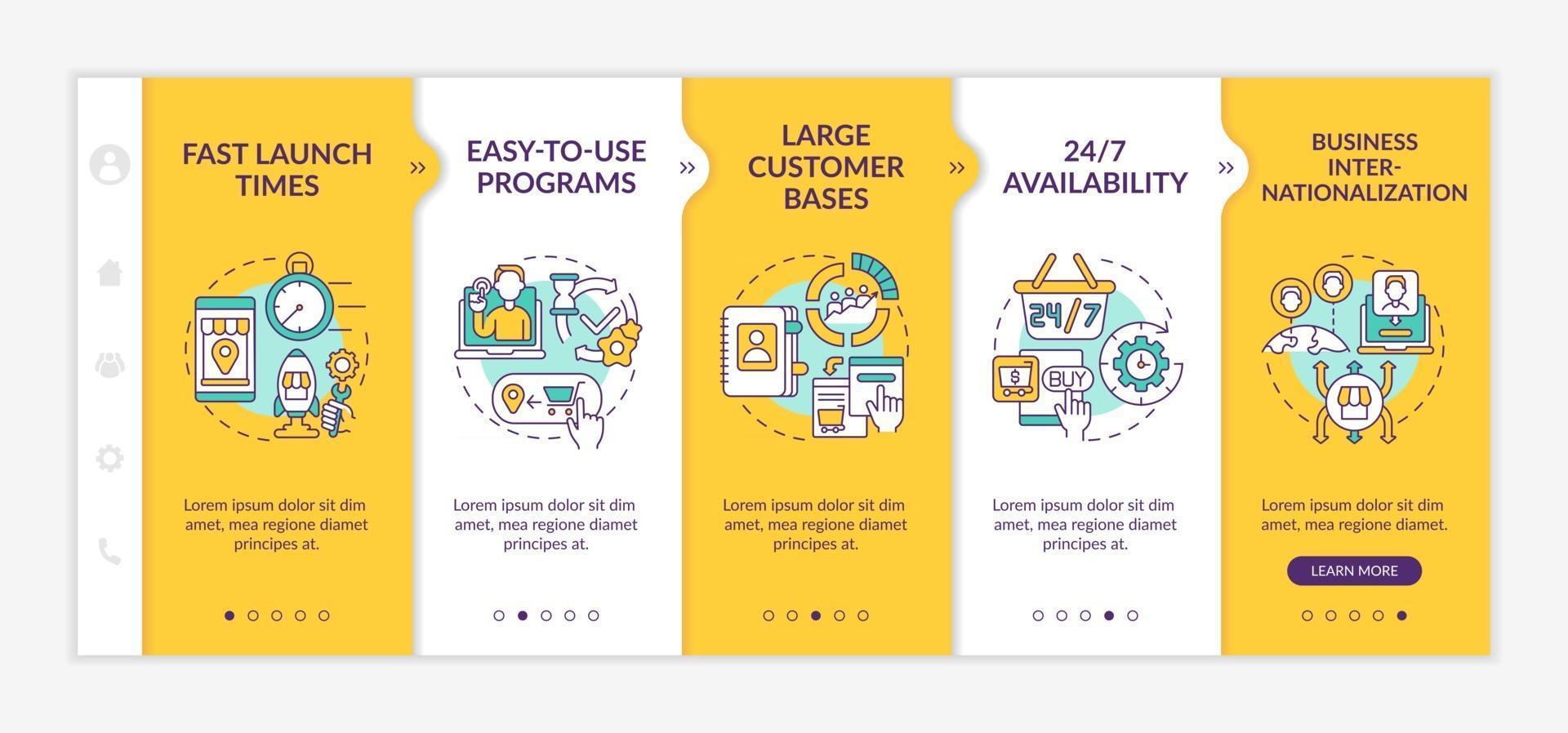 Online market place benefits onboarding vector template. Responsive mobile website with icons. Web page walkthrough 5 step screens. Easy-to-use programs color concept with linear illustrations