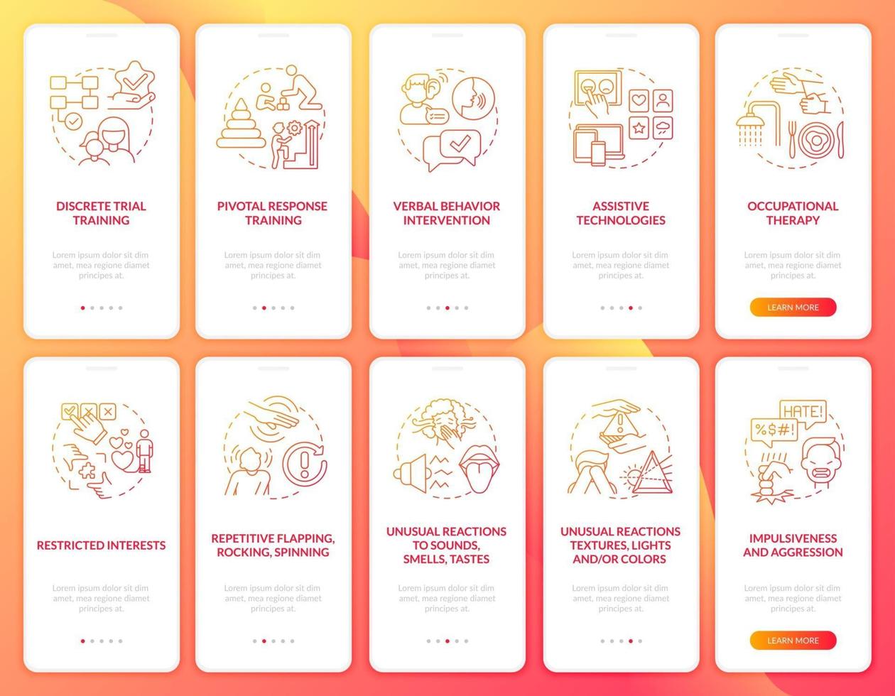 Autism behavior correction onboarding mobile app page screens set. Unusual reactions walkthrough 5 steps graphic instructions with concepts. UI, UX, GUI vector template with linear color illustrations