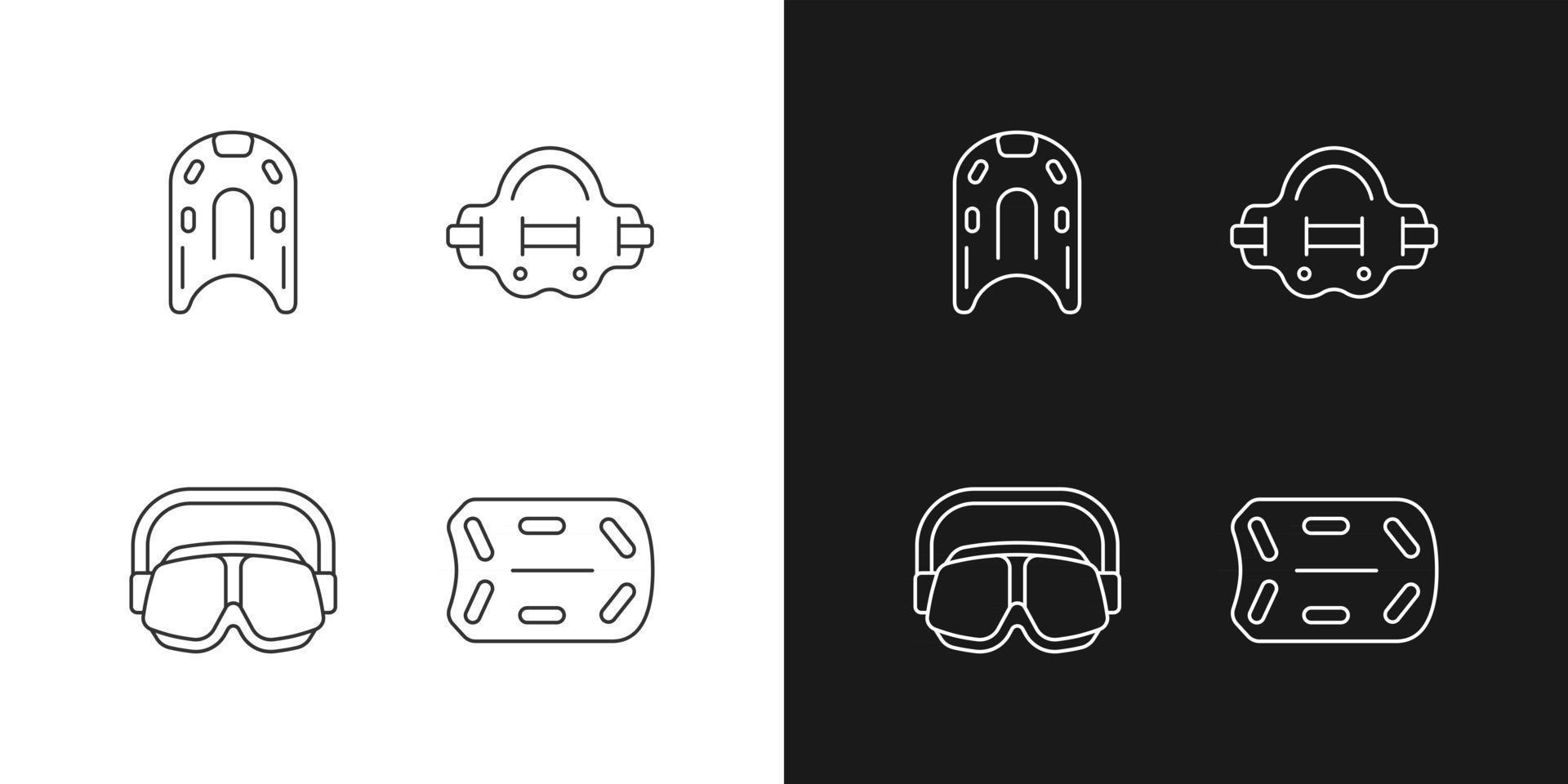 Swimming pool supplies linear icons set for dark and light mode. Kickboard. Aqua jogger. Swimming goggles. Customizable thin line symbols. Isolated vector outline illustrations. Editable stroke