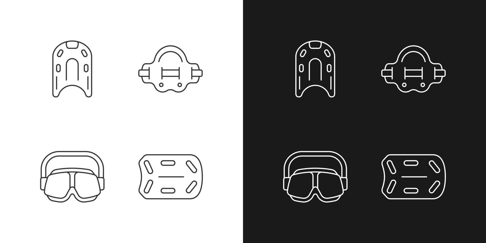 piscina suministra iconos lineales establecidos para el modo oscuro y claro. tabla de patinar. corredor acuático. gafas de natación. símbolos de línea fina personalizables. ilustraciones de contorno de vector aislado. trazo editable