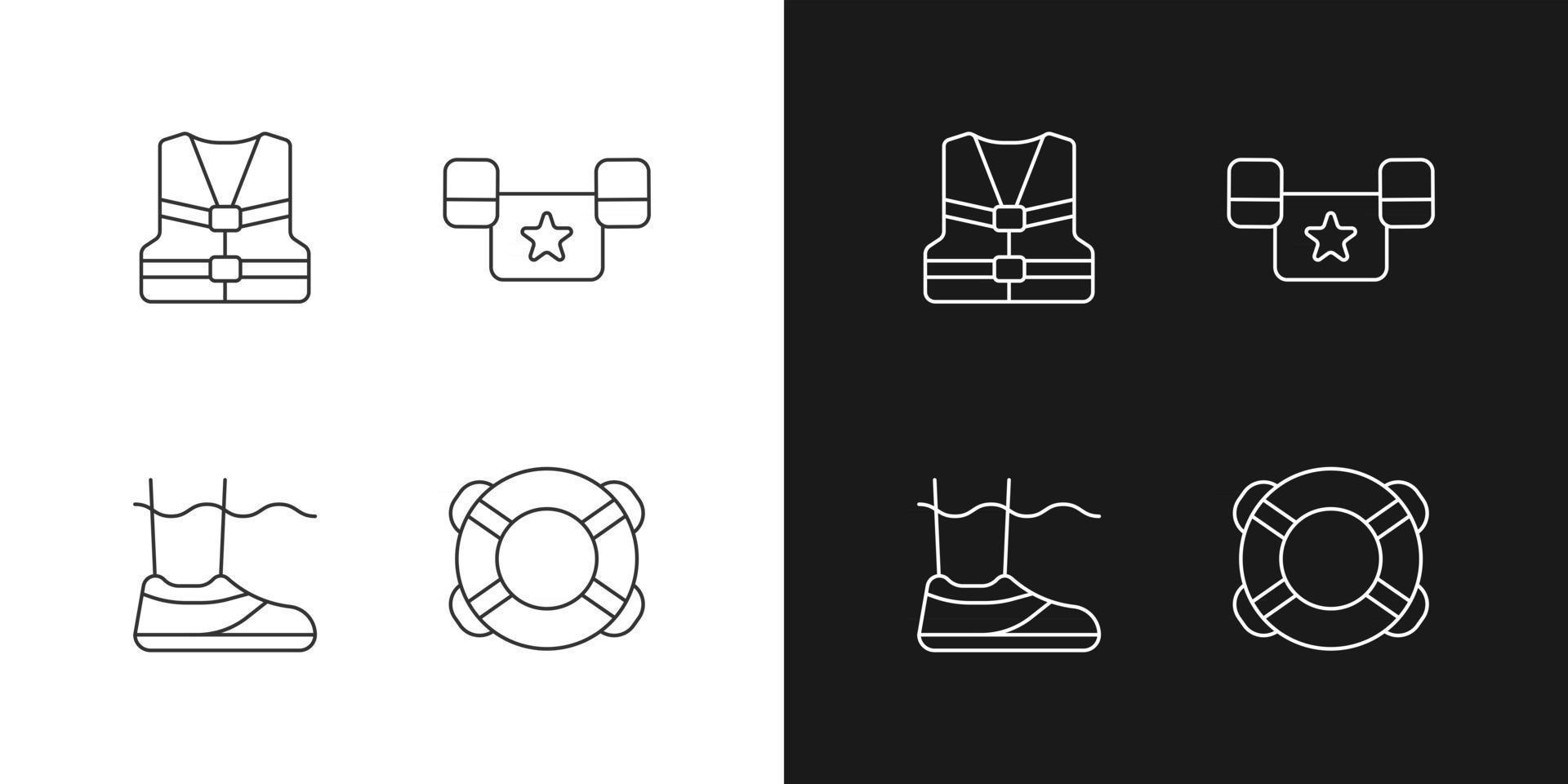 Iconos lineales de equipos de piscina establecidos para el modo oscuro y claro. chaleco salvavidas. puente de charco. Zapatos de agua. boya de anillo. símbolos de línea fina personalizables. ilustraciones de contorno de vector aislado. trazo editable