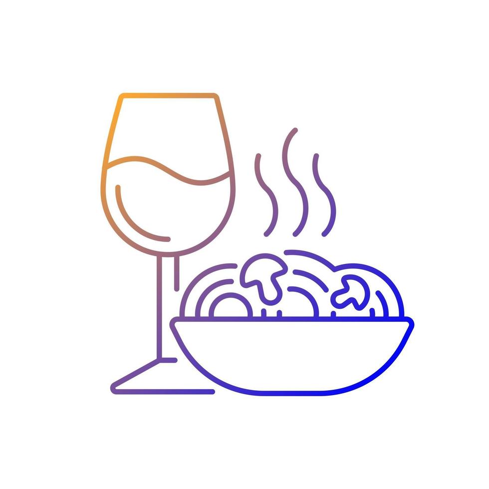 Dinner gradient linear vector icon. Spaghetti and wine glass. Romantic meal. Restaurant order. Cafe menu. Thin line color symbols. Modern style pictogram. Vector isolated outline drawing