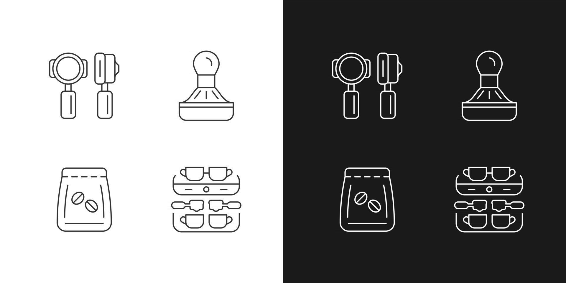 Coffee shop professional tools linear icons set for dark and light mode. Coffee beans in bag. Espresso making. Customizable thin line symbols. Isolated vector outline illustrations. Editable stroke