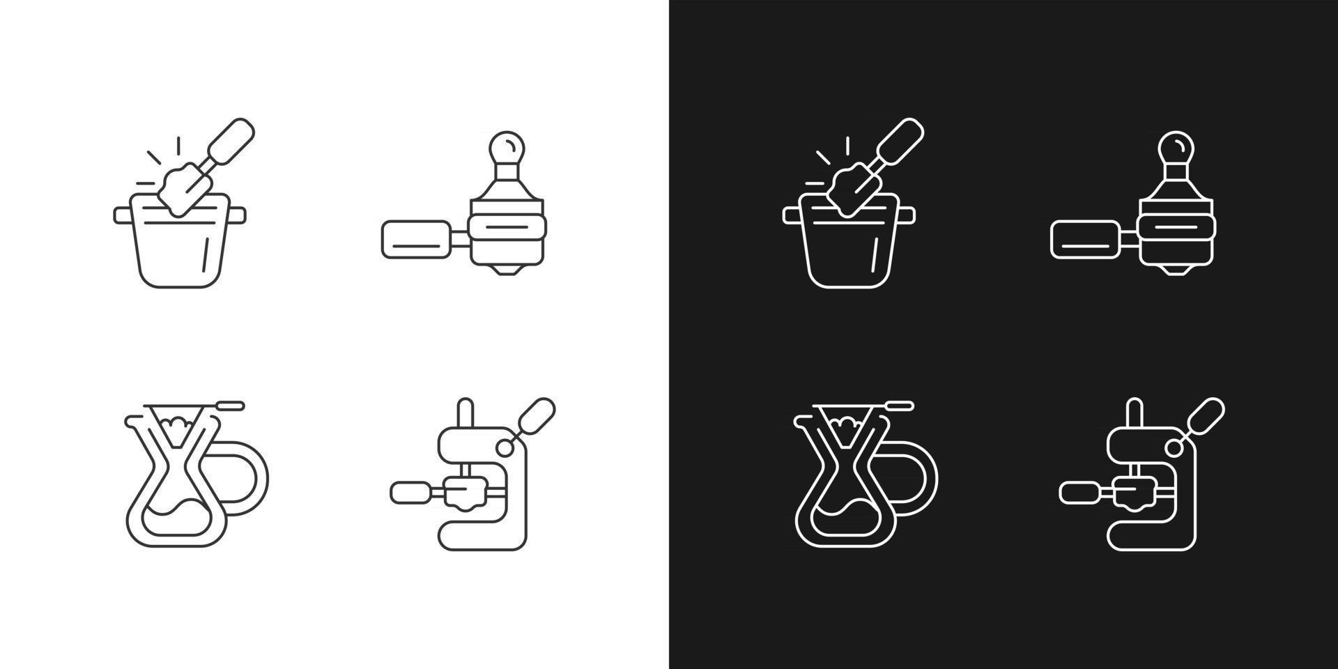 Coffee shop tools linear icons set for dark and light mode. Knock box for ground waste. Espresso making. Customizable thin line symbols. Isolated vector outline illustrations. Editable stroke