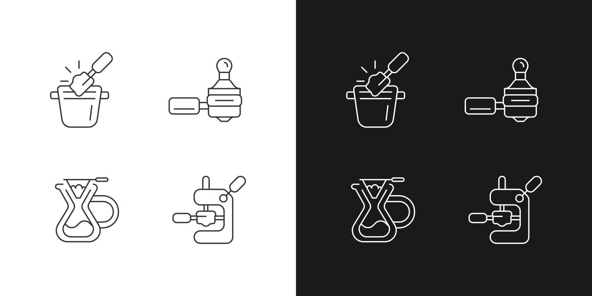 Iconos lineales de herramientas de cafetería para modo oscuro y claro. caja de golpe para residuos de tierra. hacer espresso. símbolos de línea fina personalizables. ilustraciones de contorno de vector aislado. trazo editable