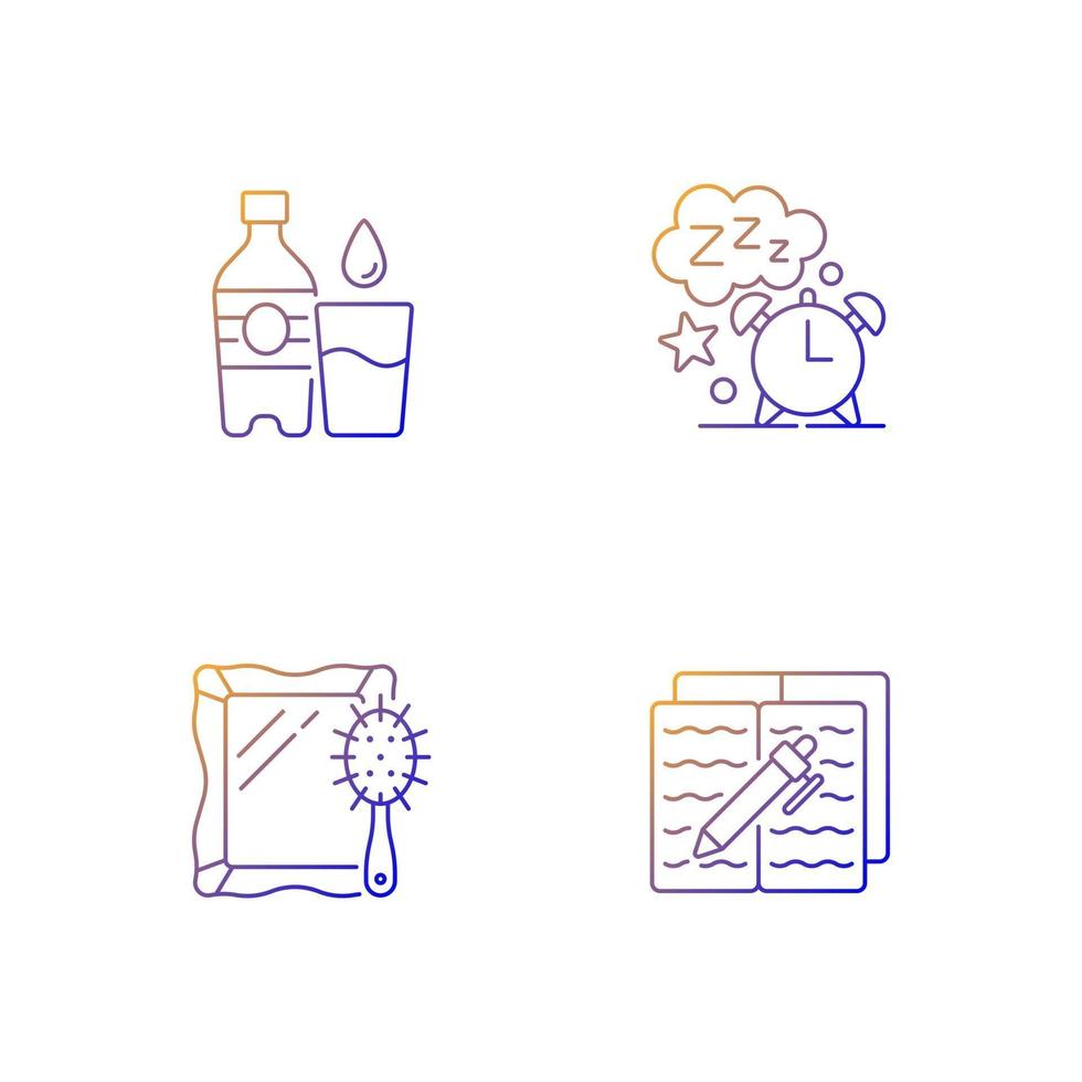 Daily schedule and routine gradient linear vector icons set. Watter bottle. Sleep time. Alarm clock. Thin line contour symbols bundle. Isolated vector outline illustrations collection