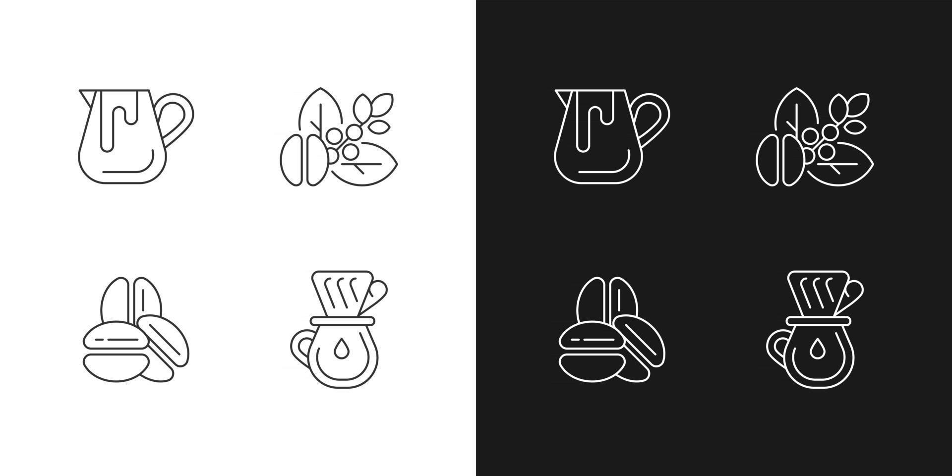 Coffee preparation linear icons set for dark and light mode. Milk pitcher for barista. Raw beans. Customizable thin line symbols. Isolated vector outline illustrations. Editable stroke