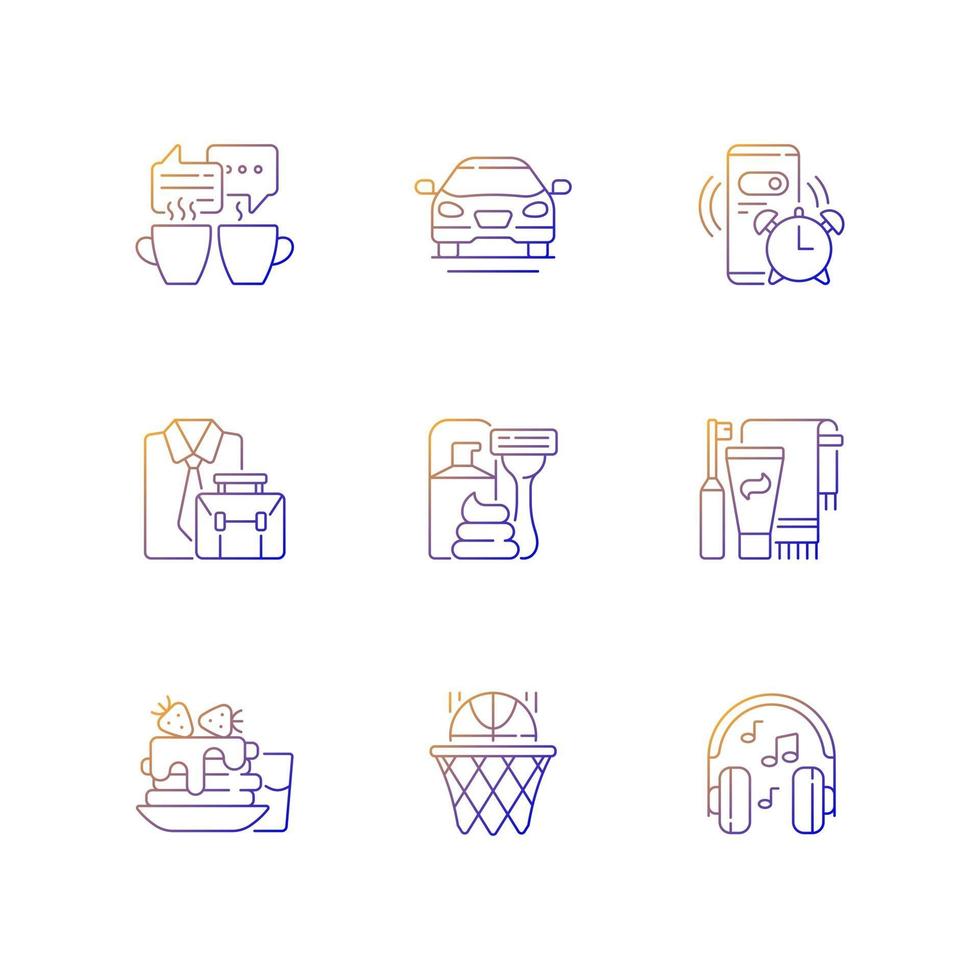 Daily routine gradient linear vector icons set. Alarm clock for work. Office worker activities. Everyday schedule. Thin line contour symbols bundle. Isolated vector outline illustrations collection