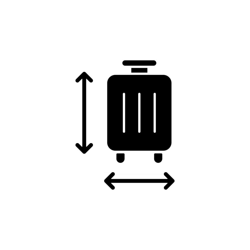 icono de glifo negro de tamaño de equipaje. medición de equipaje para la regulación del aeropuerto. cheque de maleta para vuelo. cosas para turistas. objetos de viaje. símbolo de silueta en el espacio en blanco. vector ilustración aislada