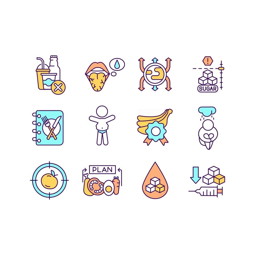 Diabetes RGB color icons set. Isolated vector illustrations. Disease symptomps. Medical help for ill people. Creating healthy diet for patient simple filled line drawings collection