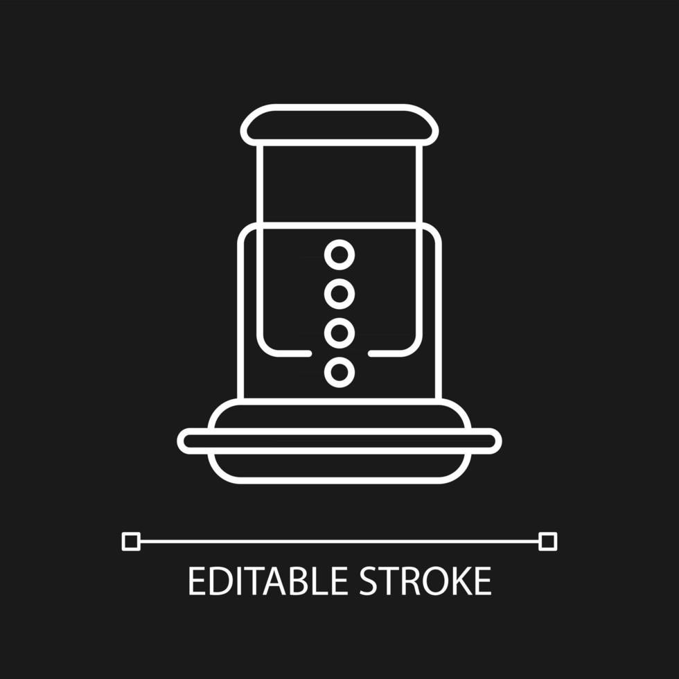 Air pressure coffee plunger white linear icon for dark theme. Aeropress for preparing drink. Thin line customizable illustration. Isolated vector contour symbol for night mode. Editable stroke
