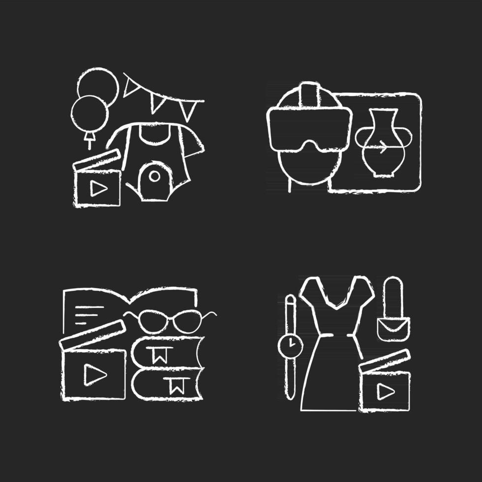 Types of video chalk white icons set on dark background. Baby shower party. VR headset. Book review. Fashion blog. Beauty vlog. Videography. Isolated vector chalkboard illustrations on black