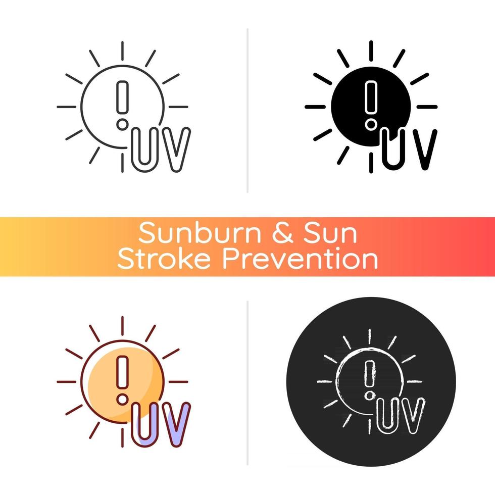 Danger of UV rays icon. Ultraviolet exposure risk during summer. Caution to prevent heat exhaustion. Sun overexposure. Linear black and RGB color styles. Isolated vector illustrations