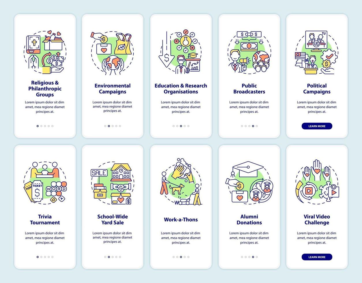 Charitable donations onboarding mobile app page screens set. Fundraising ideas walkthrough 5 steps graphic instructions with concepts. UI, UX, GUI vector template with linear color illustrations