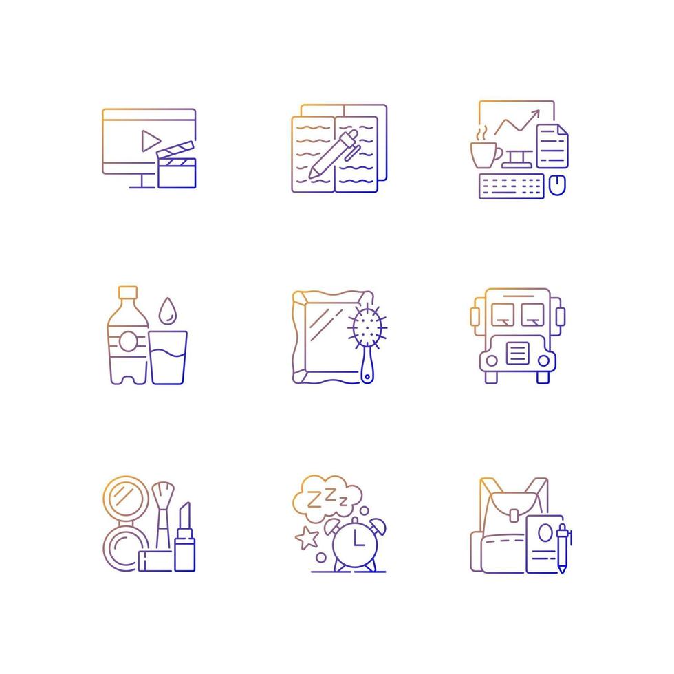 Everyday activities gradient linear vector icons set. Watching TV for entertainment at home. Daily routine. Thin line contour symbols bundle. Isolated vector outline illustrations collection