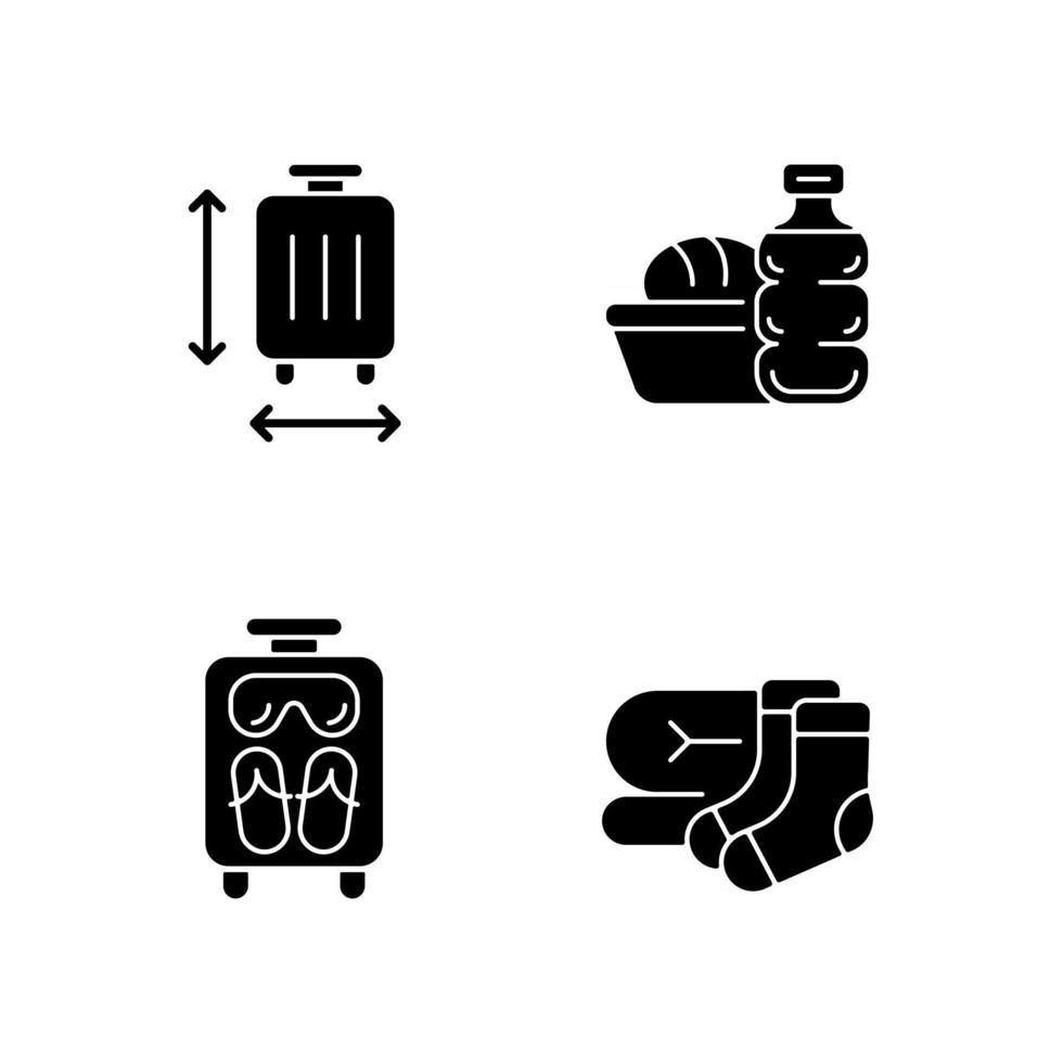 Airplane travel essential pack black glyph icons set on white space. Suitcase size. Meal during flight. Mini size objects for tourist comfort. Silhouette symbols. Vector isolated illustration