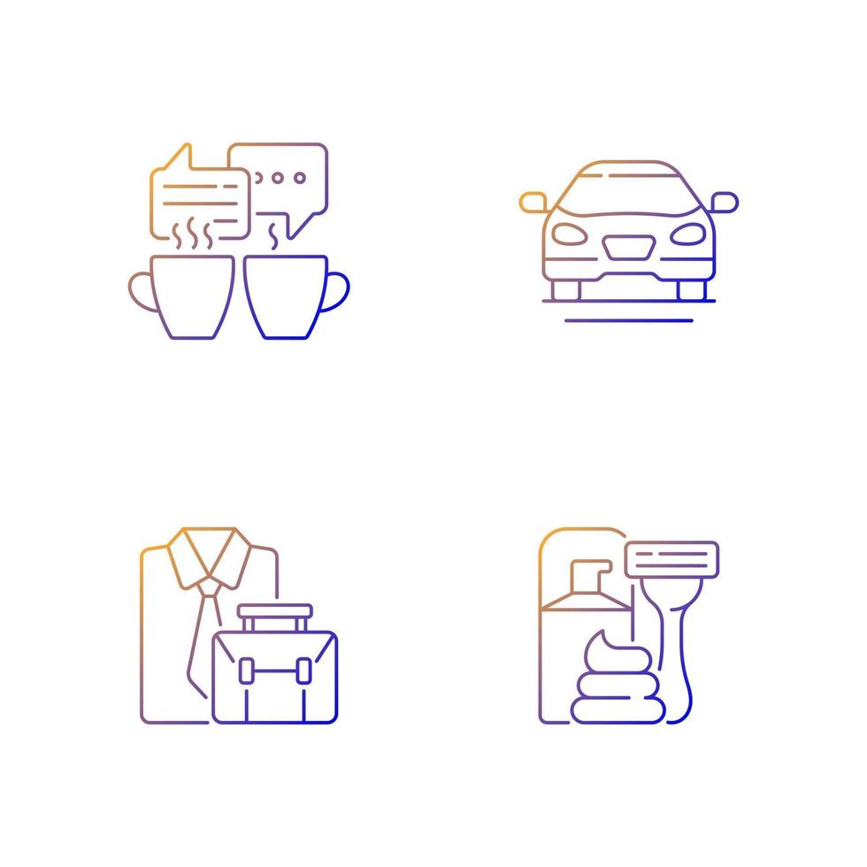 Daily activities gradient linear vector icons set. Meeting over coffee with friends. Sedan car. Official clothes. Thin line contour symbols bundle. Isolated vector outline illustrations collection