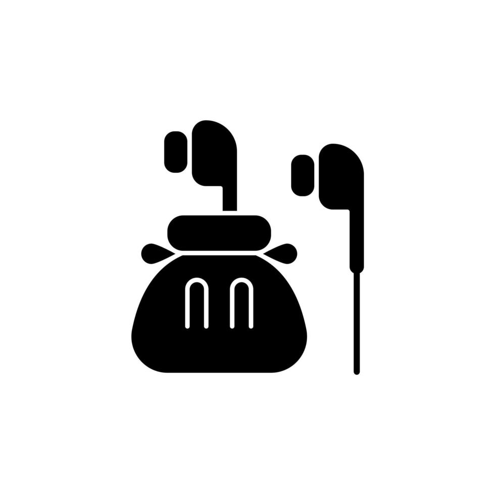 Headphones black glyph icon. Compact bag with earphones for trip. Portable amenities. Essentials for tourist. Travel size objects. Silhouette symbol on white space. Vector isolated illustration