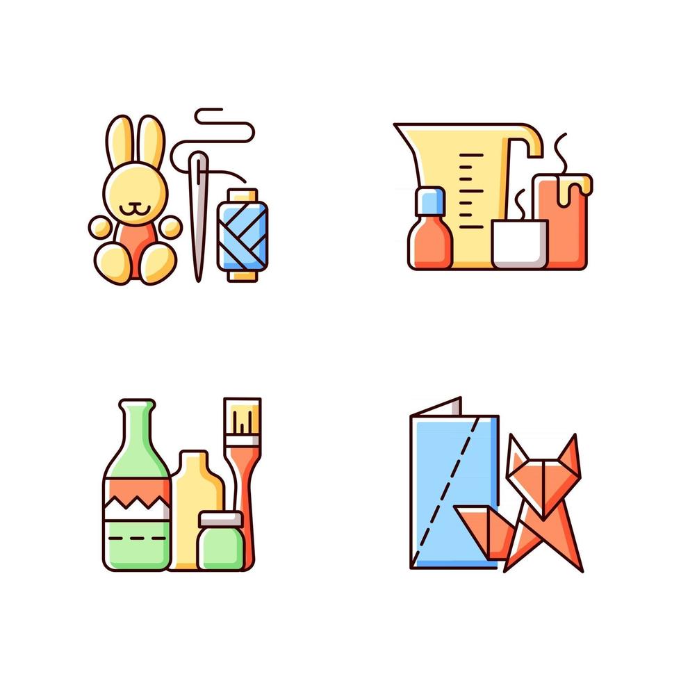 Trendy crafts RGB color icons set. Amigurumi bunny. Candle making. Repurposed wine bottles. Origami. Handmade toys. Isolated vector illustrations. Home decor simple filled line drawings collection