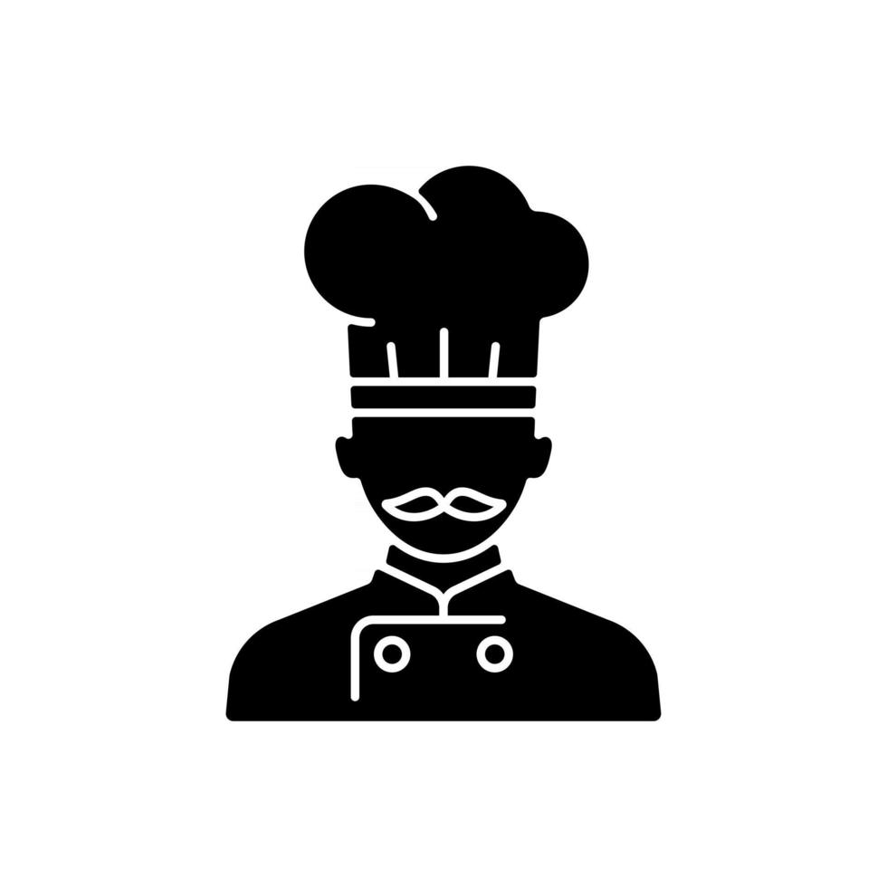 Ship cook black glyph icon. Food preparation for passengers. Making meals during traveling. Serving eatery for customers. Silhouette symbol on white space. Vector isolated illustration