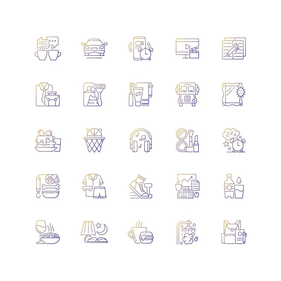Everyday routine gradient linear vector icons set. Alarm clock. Coffee break. Tranposrt for transit to work, school. Thin line contour symbols bundle. Isolated vector outline illustrations collection