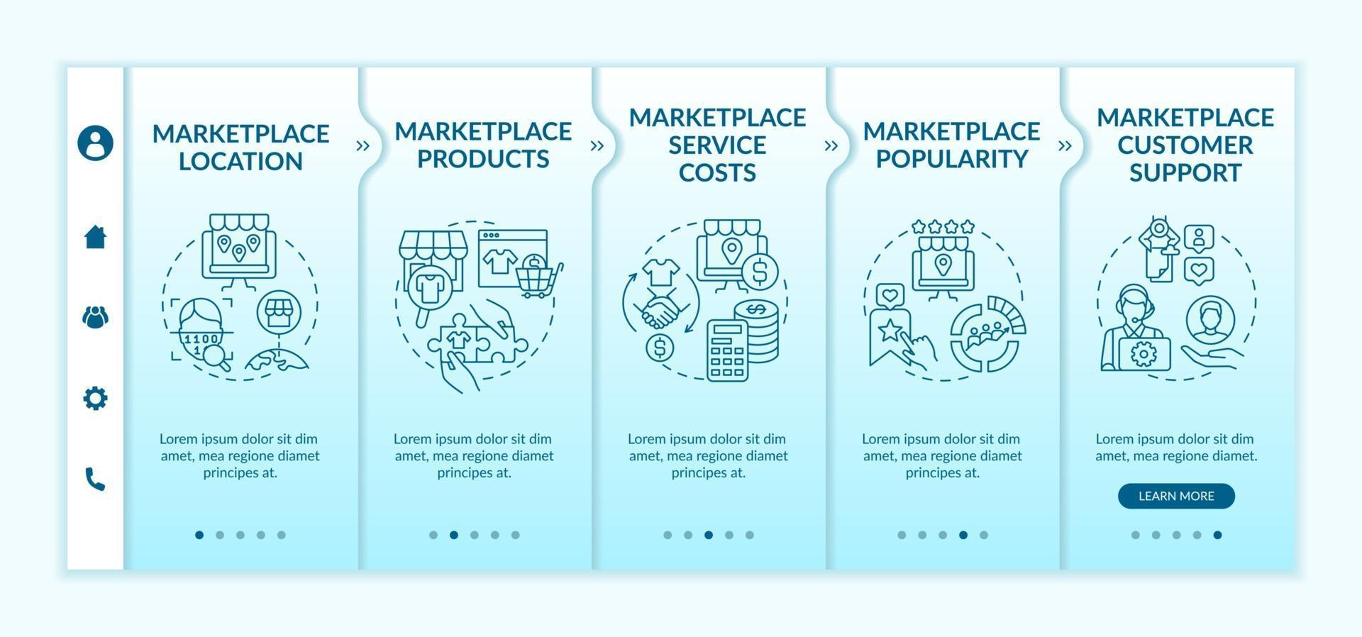 plantilla de vector de incorporación de parámetros de elección de lugar de mercado. sitio web móvil receptivo con iconos. Tutorial de la página web Pantallas de 5 pasos. Atención al cliente, concepto de color de ubicación con ilustraciones lineales.