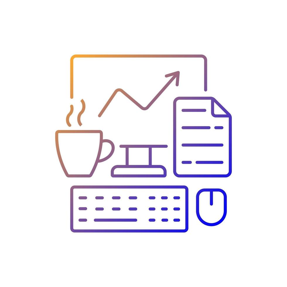 Computer office gradient linear vector icon. Freelancer workplace. Worker desk. Daily workflow. Report on screen. Thin line color symbols. Modern style pictogram. Vector isolated outline drawing