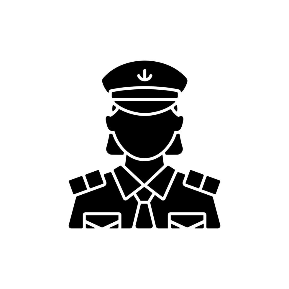 Female chief officer black glyph icon. Helping ship captain controlling staff. Crew member of cruise. Making travel comfortable. Silhouette symbol on white space. Vector isolated illustration