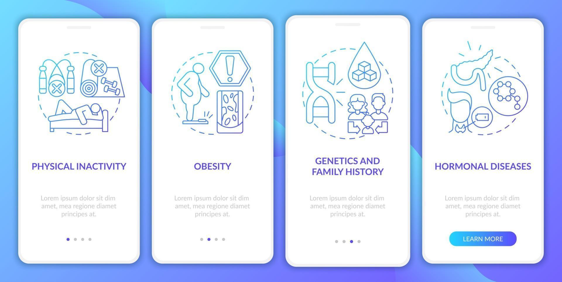 Diabetes causes onboarding mobile app page screen. Hormonal diseases walkthrough 4 steps graphic instructions with concepts. UI, UX, GUI vector template with linear color illustrations