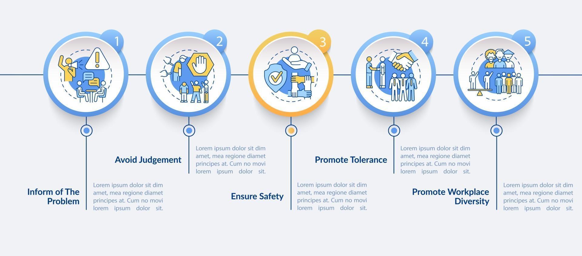 Racism in workplace vector infographic template. Promote tolerance presentation outline design elements. Data visualization with 5 steps. Process timeline info chart. Workflow layout with line icons