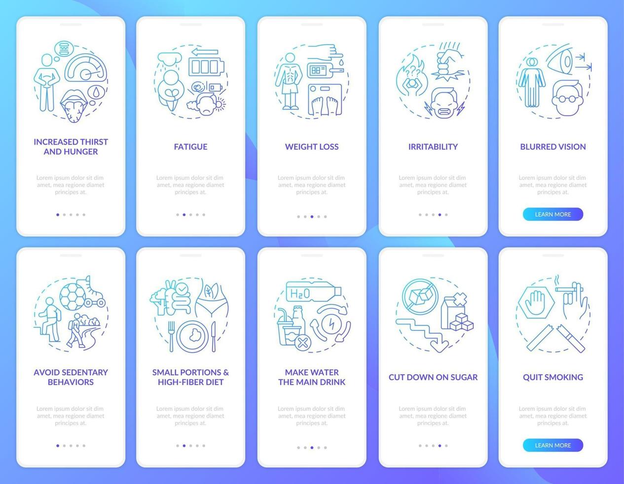 Diabetes onboarding mobile app page screen set. Disease prevention walkthrough 5 steps graphic instructions with concepts. UI, UX, GUI vector template with linear color illustrations