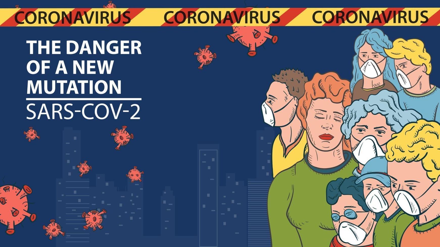 banner illustration for the design of the new virus corona SARS-CoV-2 a cluster of masked people against the background of the city and flying virus molecules vector