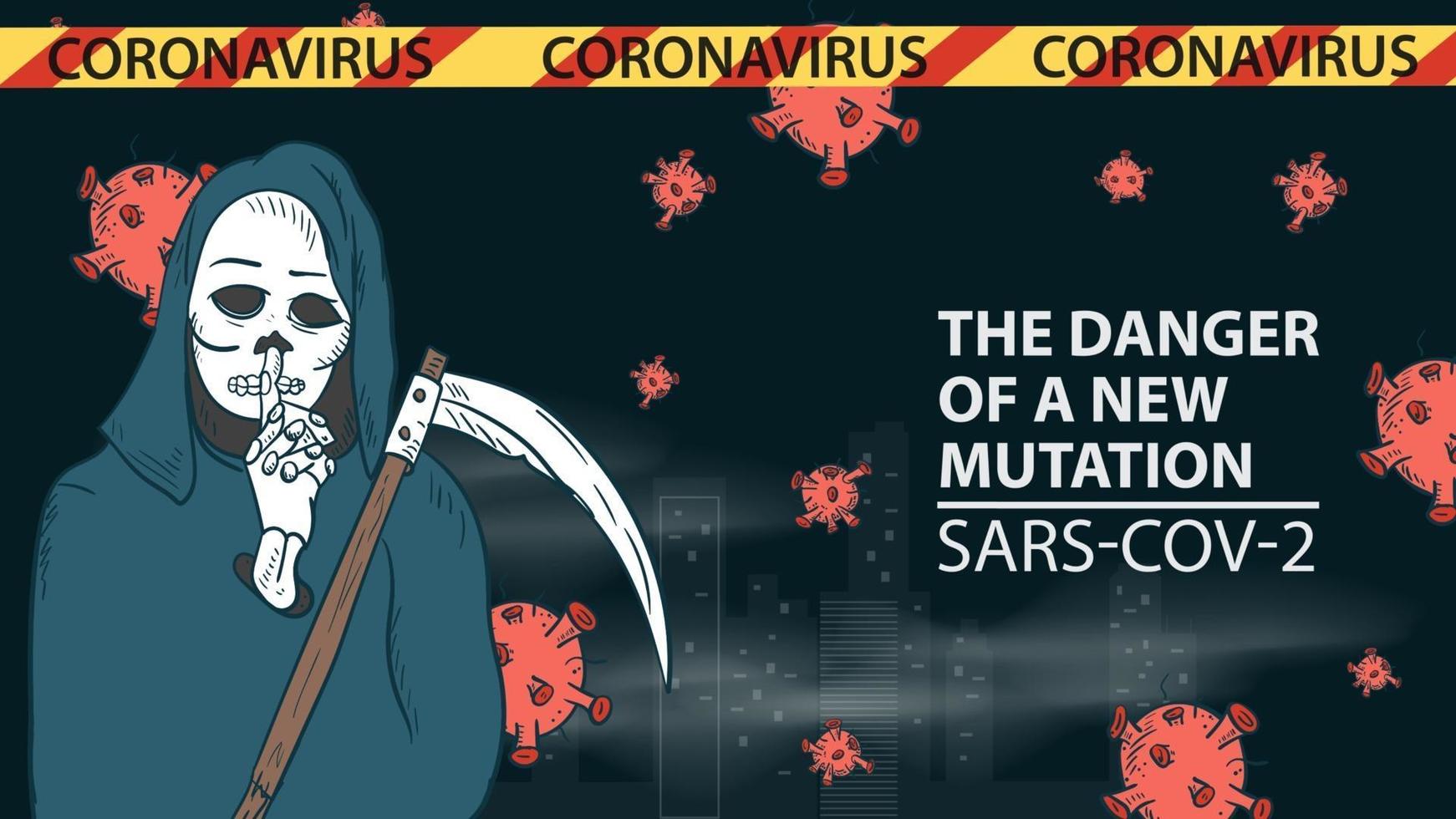 Ilustración de banner para el diseño del nuevo virus corona sars-cov-2 muerte con una guadaña en el fondo de la ciudad y moléculas de virus voladoras vector