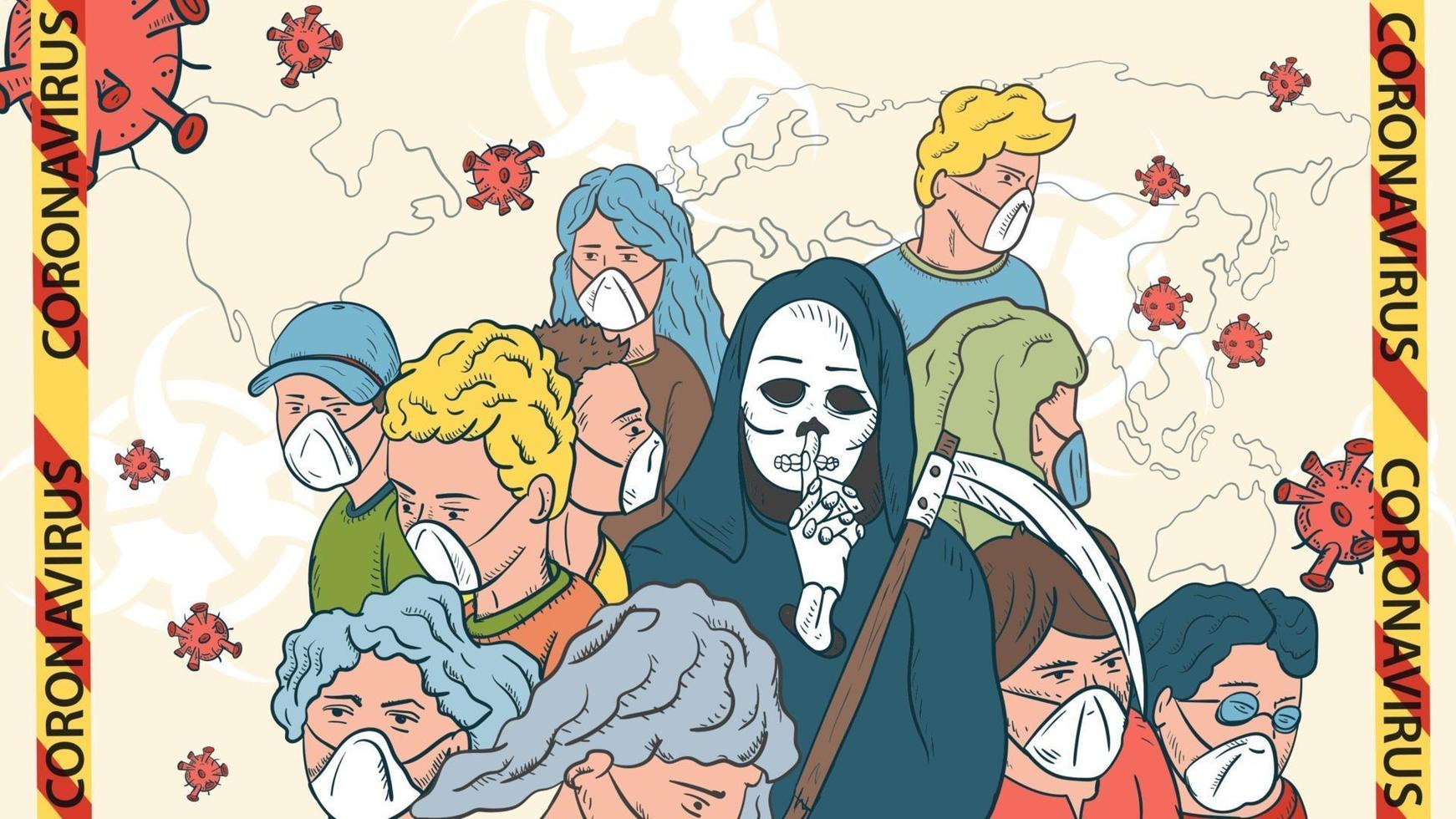 banner illustration for the design of the virus corona SARS-CoV-2 a cluster of masked people in the middle a skeleton of death with a scythe and flying virus molecules vector