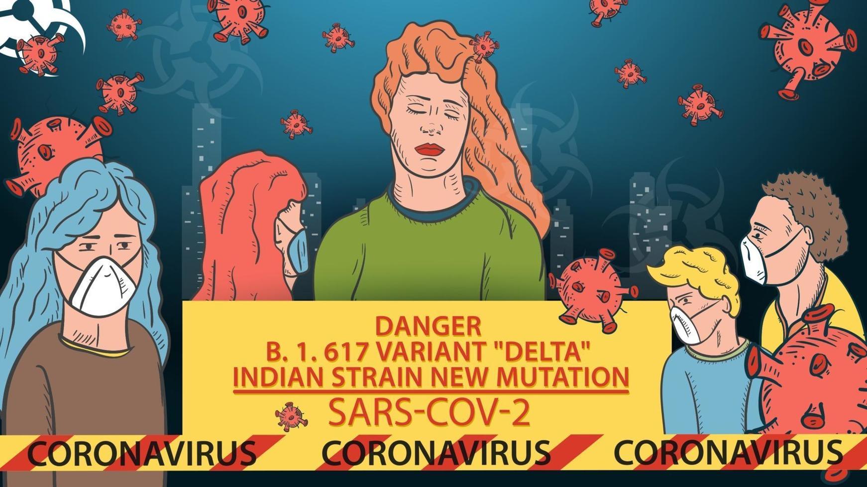 banner illustration for design design a new strain of the corona virus SARS-CoV-2 masked people on the background of the city a sign with the name and a signal tape vector