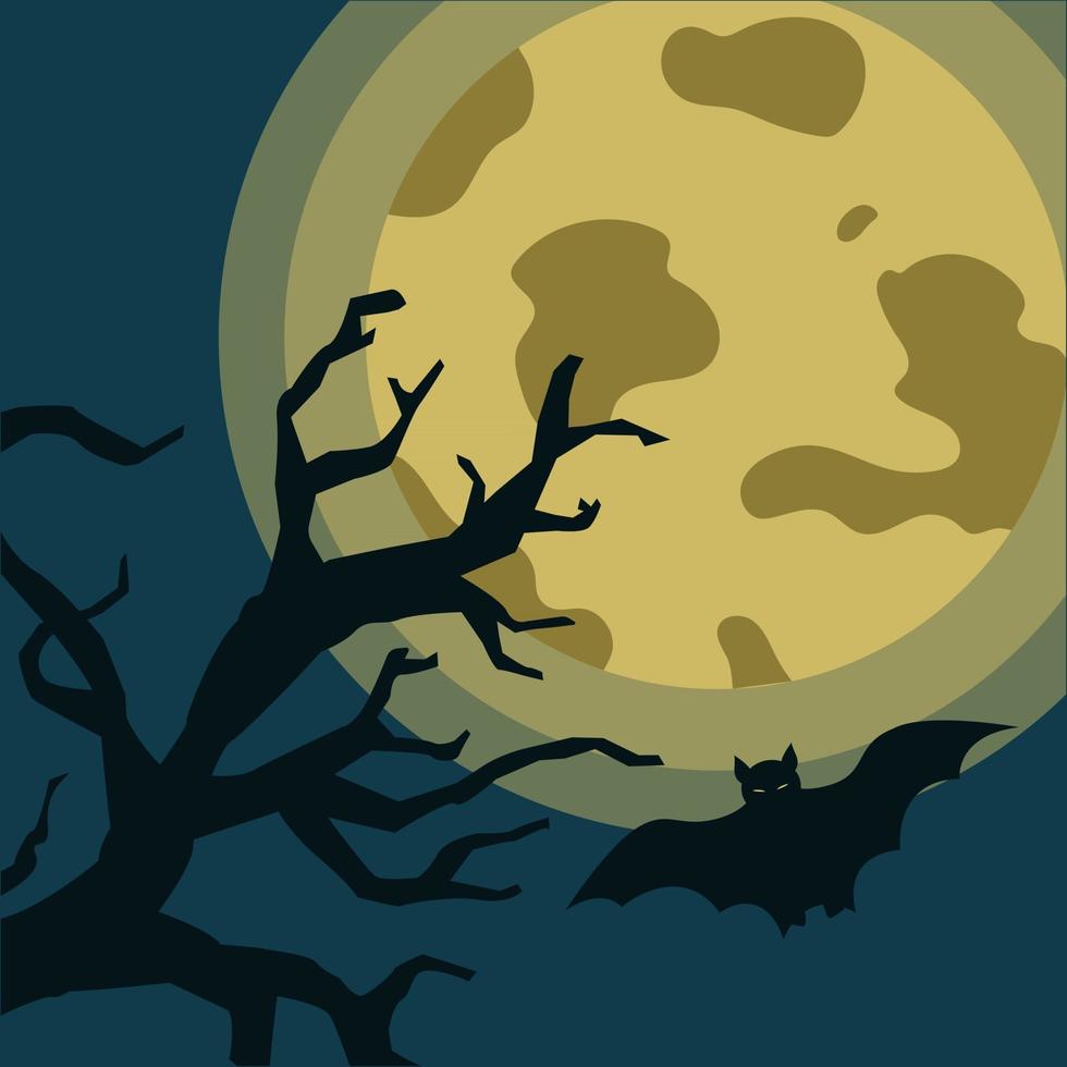 Big moon and silhouette of a tree with a flying bat. Gloomy Halloween design concept. Vector illustration