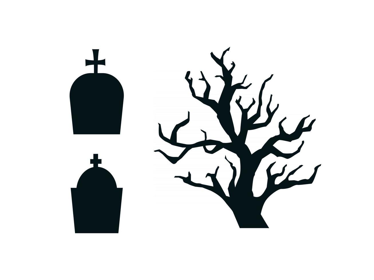 Black contour silhouettes of gravestones and gloomy tree set. Funeral monuments with crosses and tree isolated on white background. Vector illustration