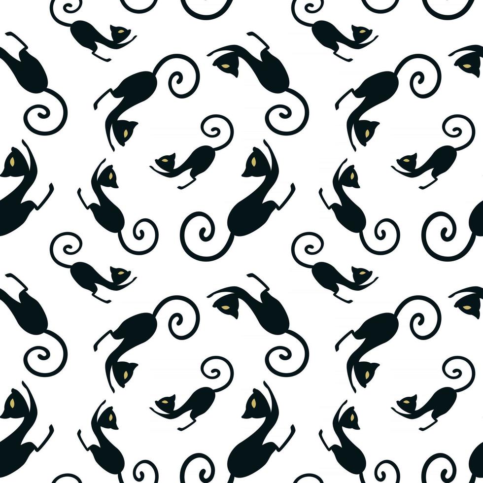 Seamless pattern with a graceful black cat bent its back. Black and white vector endless texture.