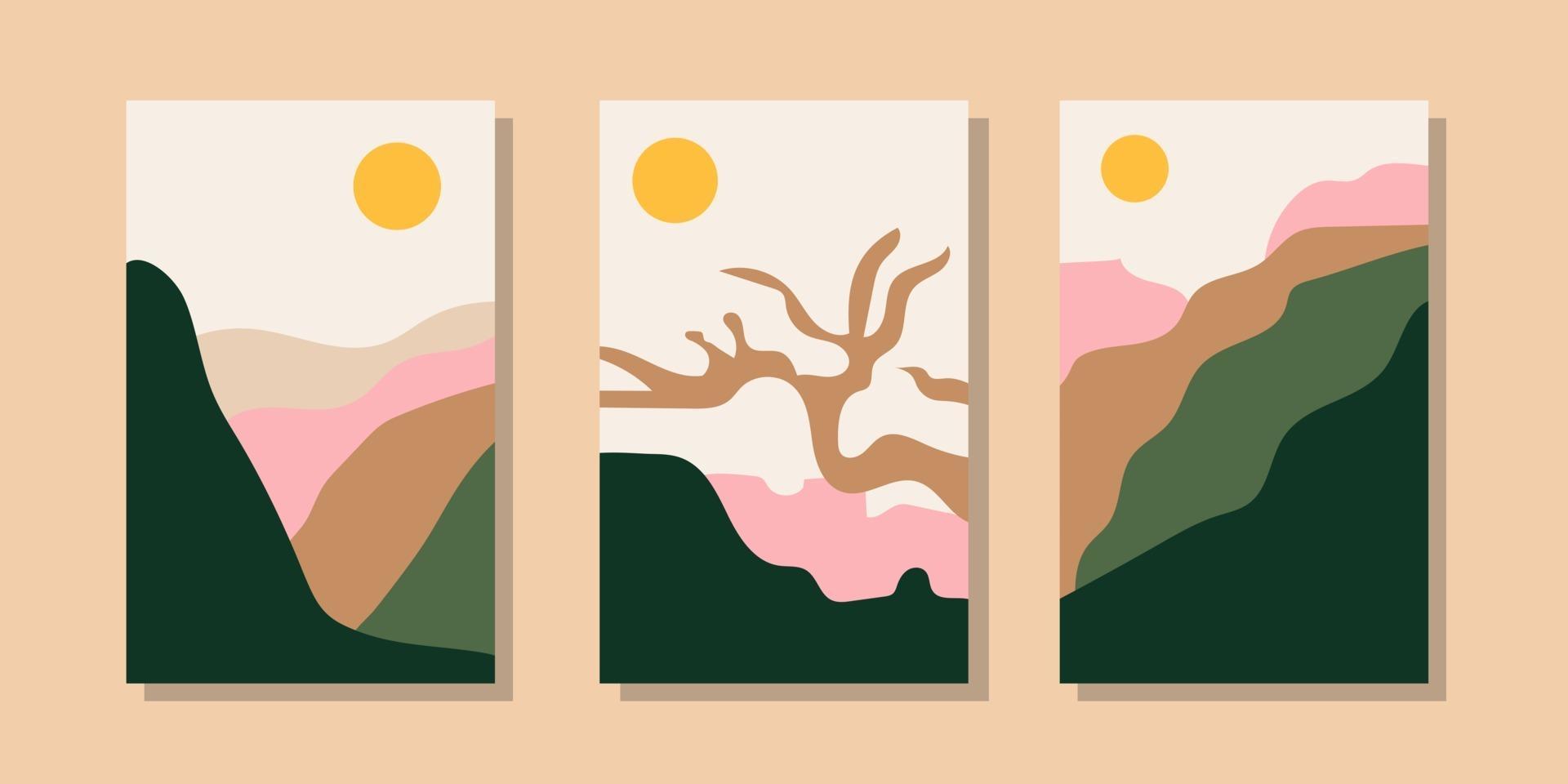 Trendy minimalist abstract landscape illustrations. Set of hand drawn contemporary artistic posters. vector