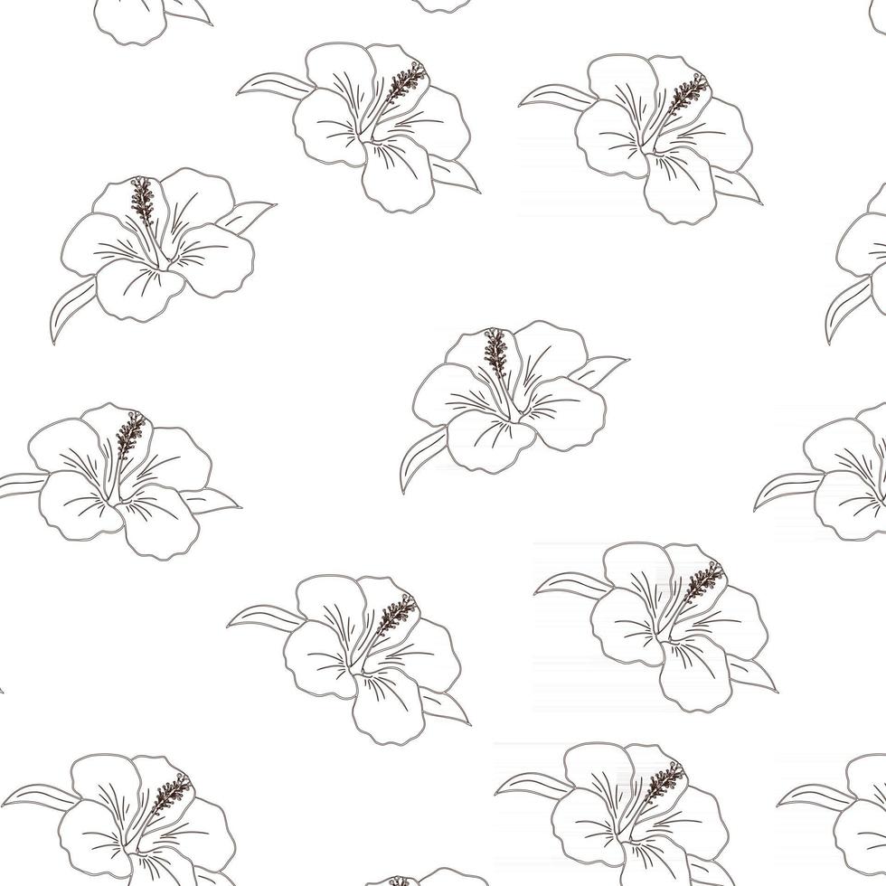 Line Art Tropical Hibiscus Flowers Seamless Pattern vector