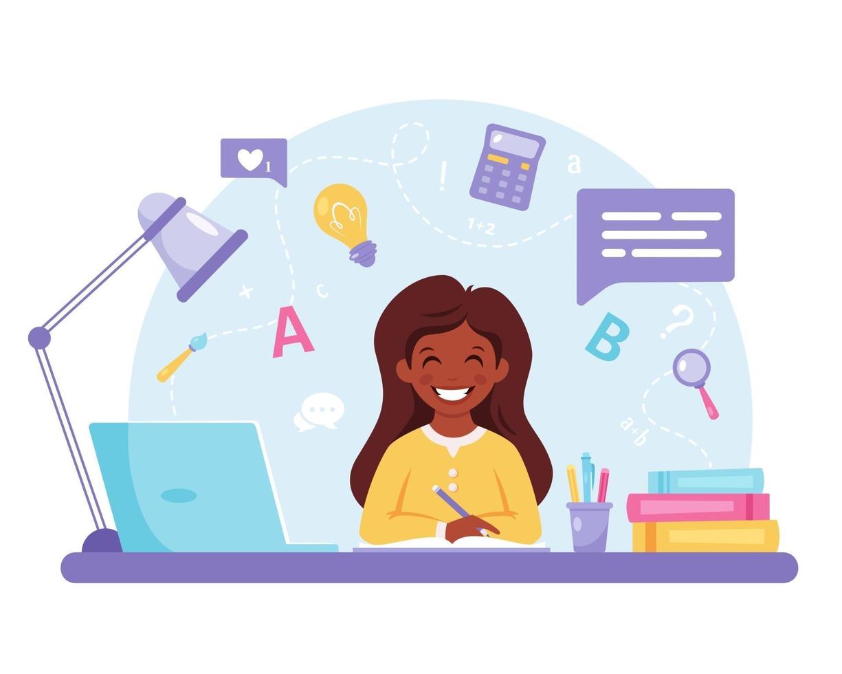 Indian girl studying with computer. Online learning, back to school concept. vector