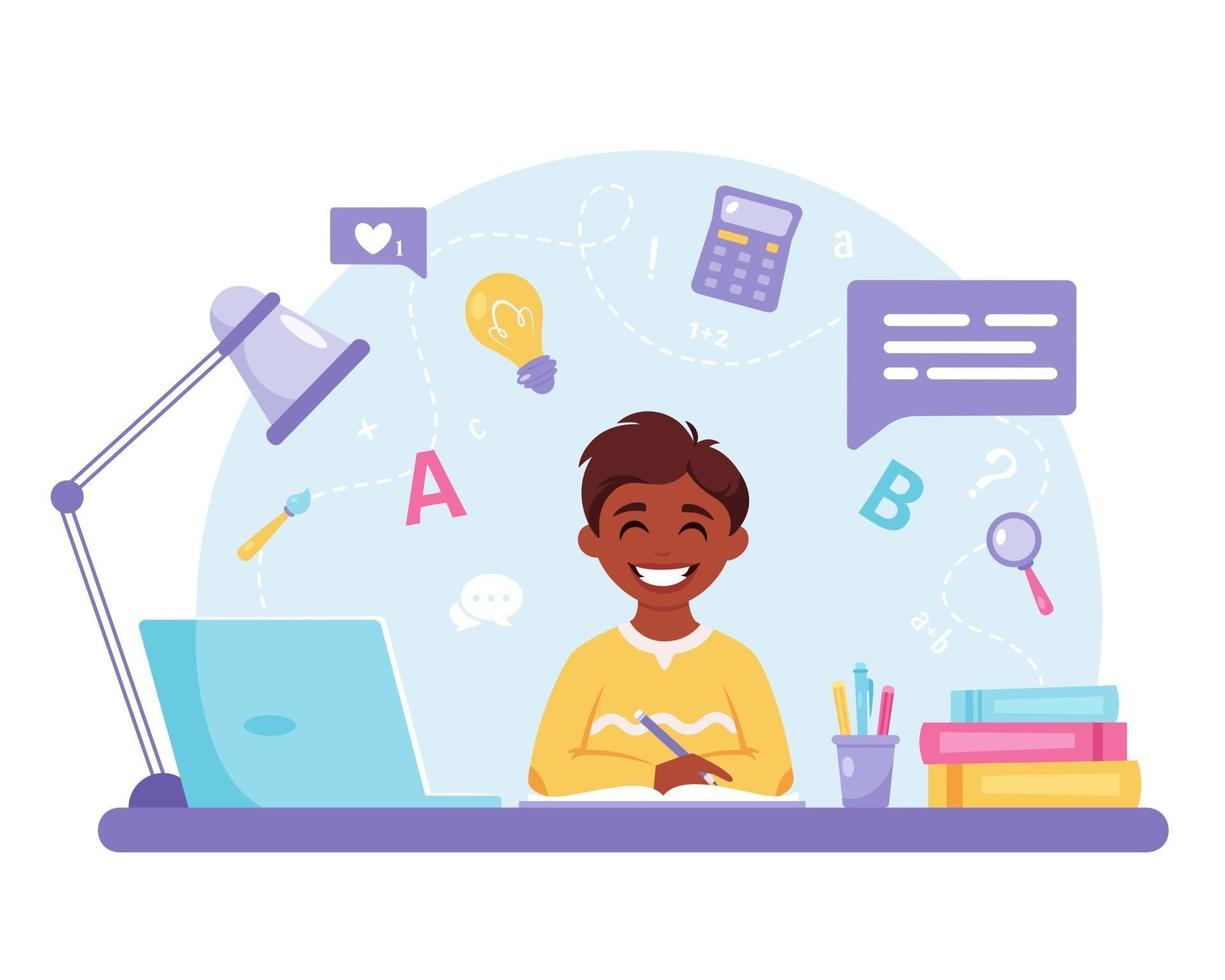 Indian boy studying with computer. Online learning, back to school concept. vector