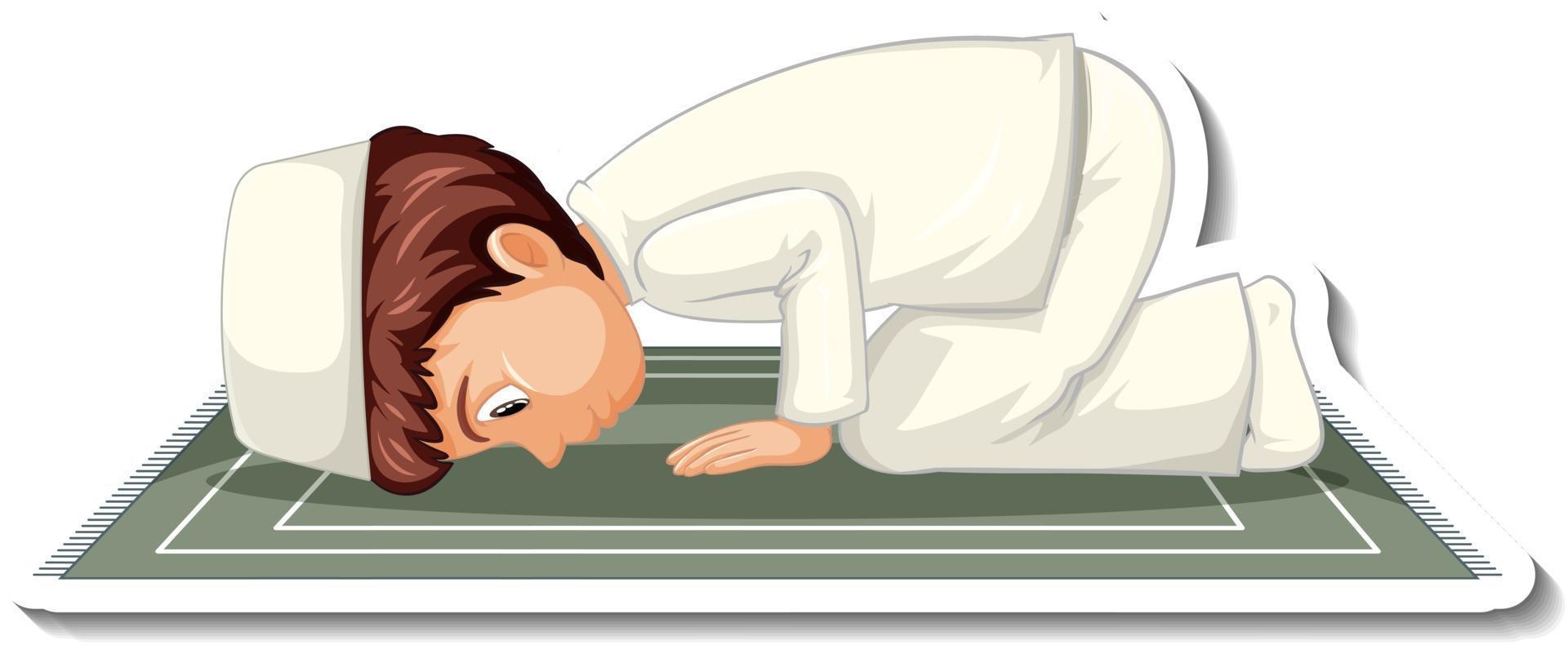 A sticker template with Muslim boy sitting on rug and praying vector