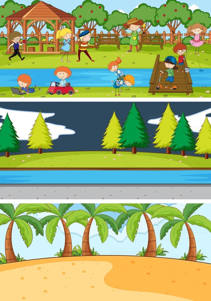 Set of different horizontal scenes background with doodle kids cartoon character vector