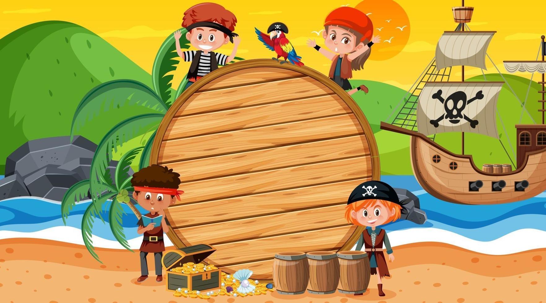 Plantilla de banner vacío con niños piratas en la escena del atardecer en la playa vector